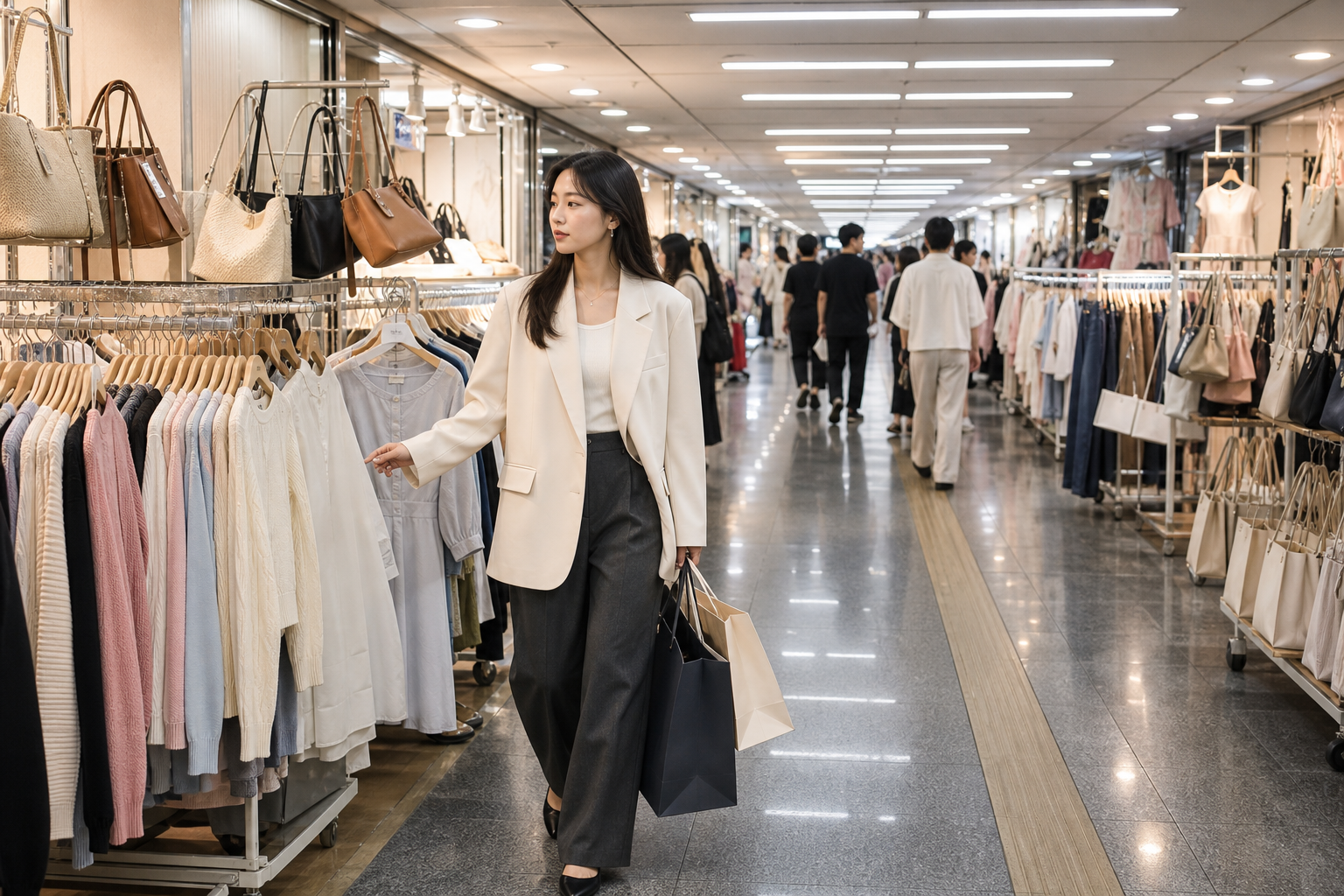 Wide landscape 1536x1024 premium Korean fashion editorial photograph inside a cleaner, trendier reinterpretation of Seoul Gotomall underground shopping corridor: one stylish Korean